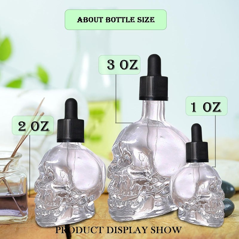 MINELEVEN 2 pcs Set 2OZ Transparent/Black Skull Glass Dropper Bottle Leakproof Essential Oils Bottle for Storage and Travel (Transparent, 2 OZ) - Image 4
